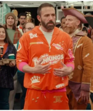 Ben Affleck DunKings Super Bowl commercial tracksuit with bold Dunkin’ branding and orange streetwear styling