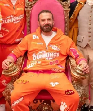 DunKings Super Bowl ad Ben Affleck tracksuit featuring vibrant orange and pink design from Dunkin’ Donuts campaign