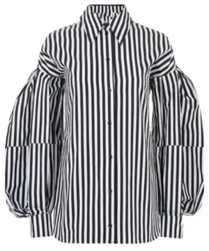 Lily Collins Emily in Paris S05 striped shirt with puff sleeves, elegant tailoring, and modern French-inspired look