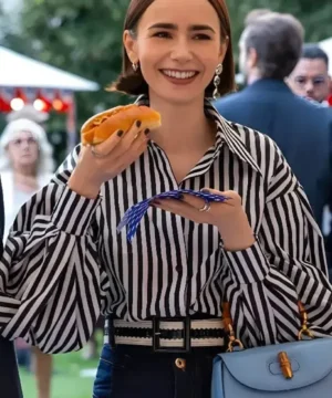 Emily In Paris S05 Lily Collins Puff Sleeve Striped Shirt
