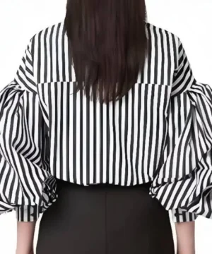 Emily in Paris S05 Lily Collins striped puff sleeve shirt designed for fashionable everyday wear and TV-inspired outfits