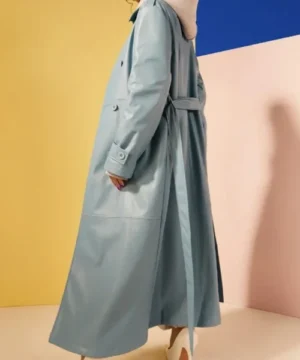 Black leather trench coat inspired by Niamh McCormack Everything Now 2023 stylish full length coat