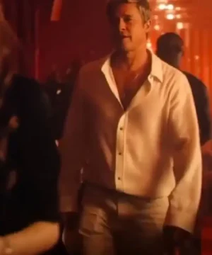 Brad Pitt F1 The Movie 2025 white shirt featuring sleek celebrity red carpet and film-inspired styling