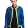 Fallout Vault Dweller blue leather jacket featuring post-apocalyptic inspired design and premium cosplay outerwear