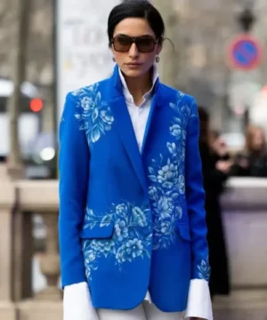 Farnoush Hamidian blue floral printed blazer, stylish designer women’s fashion jacket