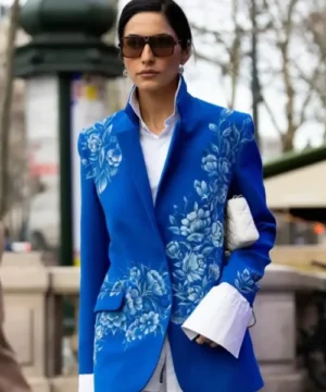 Blue floral blazer by Farnoush Hamidian, elegant high-fashion printed outerwear