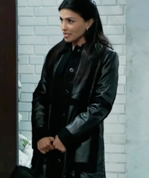 Nazneen Contractor General Hospital 2026 black shearling coat featuring sleek celebrity-inspired design and premium outerwear