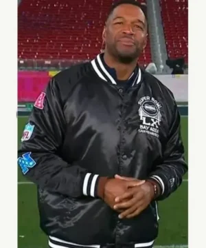 Good Morning America Michael Strahan black varsity jacket featuring classic sporty design and premium casual outerwear