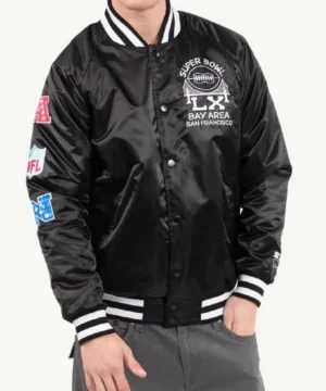 Michael Strahan GMA black varsity jacket with tailored fit, bold details, and modern television host fashion appeal