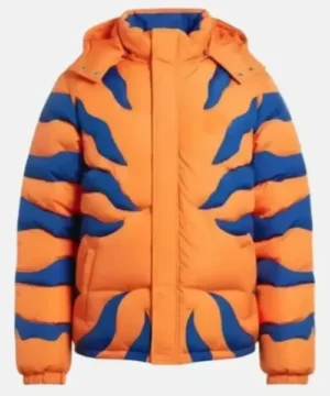 Greymon orange puffer jacket, bold anime-inspired winter outerwear for fans