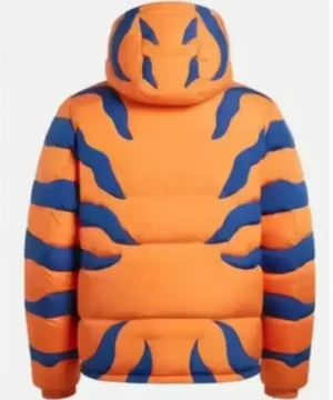 Orange Greymon puffer jacket, stylish Digimon-inspired streetwear jacket