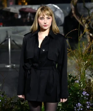 “Official Haley Bennett Wuthering Heights premiere coat, stylish celebrity fashion from the UK red carpet event.”
