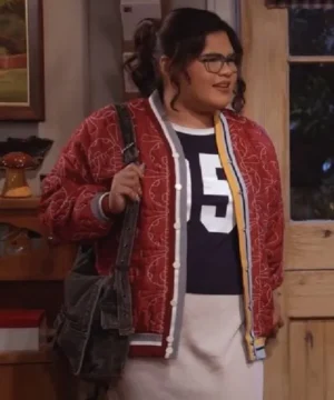 Season 2 Happys Place red jacket worn by Belissa Escobedo with modern fit and premium casual fashion appeal