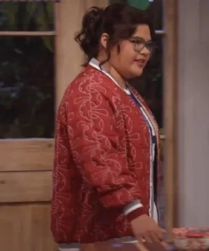 Celebrity-style Belissa Escobedo red jacket from Happys Place S02 showcasing statement silhouette and contemporary streetwear