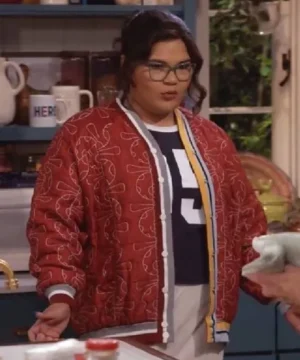 Happys Place S02 Belissa Escobedo red jacket featuring bold TV-inspired design and stylish celebrity outerwear