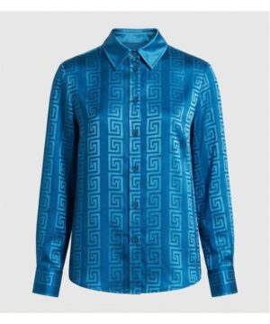 Celebrity-style Tessa Thompson blue silk blouse from His and Hers S01 showcasing luxe texture and sleek silhouette