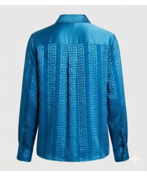 Celebrity-style Tessa Thompson blue silk blouse from His and Hers S01 showcasing luxe texture and sleek silhouette