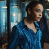 Tessa Thompson His and Hers S01 blue silk blouse featuring elegant TV series-inspired design and premium fabric finish
