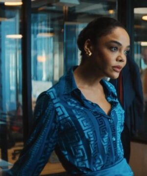 Tessa Thompson His and Hers S01 blue silk blouse featuring elegant TV series-inspired design and premium fabric finish