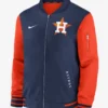 Houston Astros dugout bomber jacket in blue and orange featuring classic team colors and sporty outerwear style
