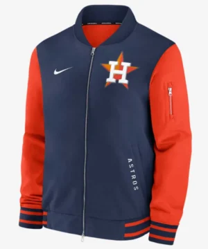 Houston Astros dugout bomber jacket in blue and orange featuring classic team colors and sporty outerwear style