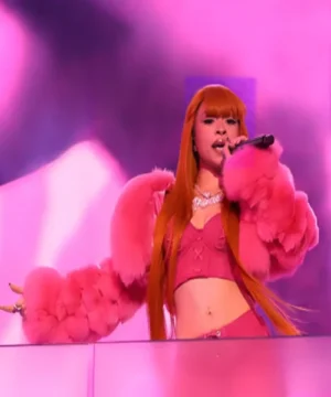 Celebrity-inspired Ice Spice Times Square faux fur jacket, high-fashion pink outerwear