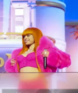 Ice Spice pink faux fur jacket worn in Times Square, bold celebrity street style