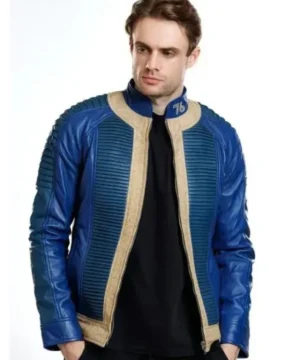 Blue Vault Dweller leather jacket from Fallout with detailed stitching, modern fit, and gamer fashion appeal