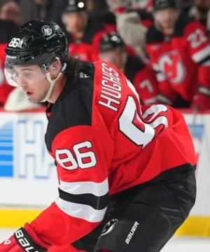 Jack Hughes NHL hockey jersey Buffalo Sabres vs Devils premium red and black game uniform