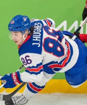 Jack Hughes USA ice hockey jersey Winter Olympics 2026 red, white, and blue men’s athletic wear