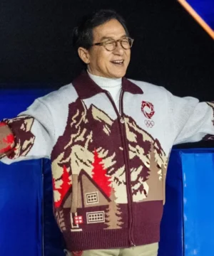 Jackie Chan Winter Olympics 2026 flame graphic jacket official inspired Olympic fan apparel lightweight jacket