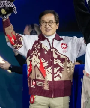 Jackie Chan 2026 Winter Olympics flame jacket inspired by Olympic Torch Relay outerwear white athlete style jacket