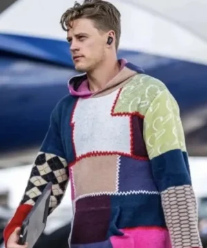 Joe Burrow color-block hoodie worn at post-game press conference, trendy sports fan fashion