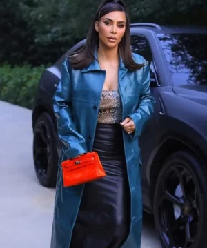 Kim Kardashian inspired blue leather coat women’s stylish long leather outerwear