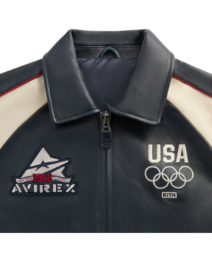 Collaborative Kith and Avirex Team USA leather bomber jacket showcasing sleek silhouette and modern fashion look