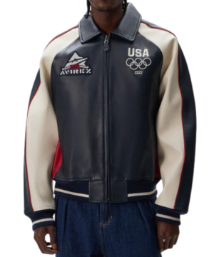 Kith x Avirex Team USA leather bomber jacket featuring premium collaboration design and official sportswear styling