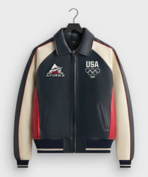 Collaborative Kith and Avirex Team USA leather bomber jacket showcasing sleek silhouette and modern fashion look