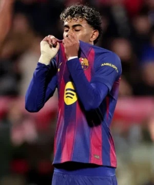 Girona vs FC Barcelona jersey worn by Lamine Yamal with official team logos, vibrant design, and sports merchandise style