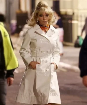 Last Night in Soho Anya Taylor-Joy white leather coat inspired by the movie, stylish and elegant women’s outerwear.