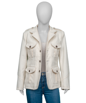 “Robin Wright white fashion jacket from The Girlfriend featuring crisp design and sophisticated silhouette.”