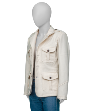 “The Girlfriend white jacket inspired by Robin Wright’s on-screen style with versatile wardrobe design.”