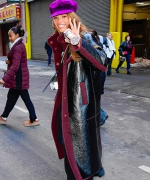 NYC Leslie Grace black leather coat with tailored fit, smooth leather texture, and modern fashion appeal