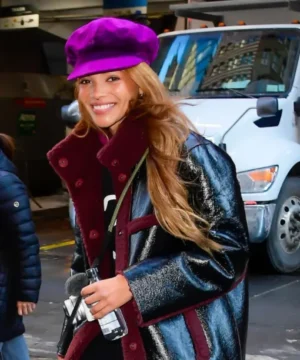 Leslie Grace inspired NYC black leather coat designed with polished finish and versatile streetwear wear