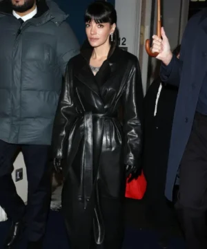 Lily Allen Paris Fashion Week black trench coat, stylish celebrity runway-inspired outerwear