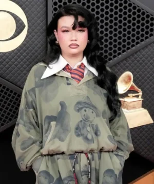 Celebrity-style Lola Young jacket showcasing sophisticated cut and contemporary awards show styling