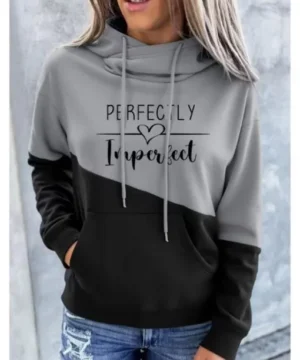 Two-tone Perfectly Imperfect hoodie with contrast panels, soft fabric texture, and everyday urban fashion appeal