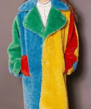 Shoniqua Shandai multicolor fur coat from Make Me Scream 2023 with vibrant colors and fashion-forward look