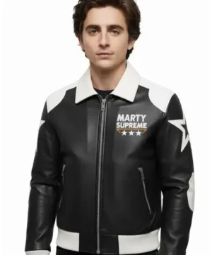 Marty Supreme black bomber jacket featuring a sleek silhouette with classic streetwear and modern urban styling