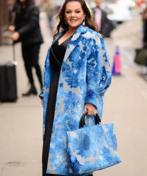 Blue floral coat worn by Melissa McCarthy in New York chic women’s outerwear