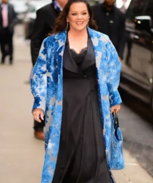 Melissa McCarthy NYC blue floral coat celebrity street style statement winter coat